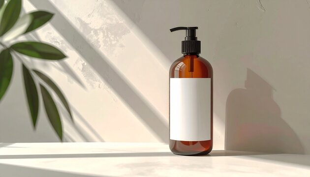 Amber pump bottle with a blank white label, elegantly showcased on a clean surface with natural light and dappled plant shadows, ideal for cosmetic and beauty product mockups or minimalist branding