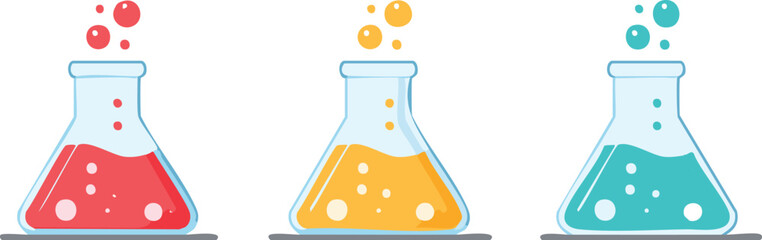 Three laboratory flasks with colored liquids and bubbles science chemistry