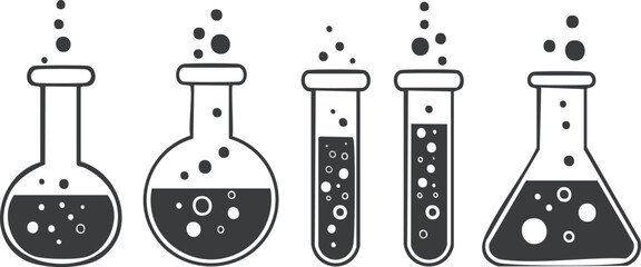Bubbling laboratory flasks and test tubes with dark liquid laboratory equipment