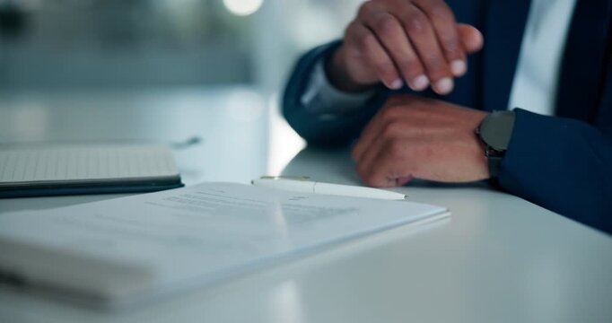 Desk, employee and hands with paperwork, signature or agreement for code of conduct update or policy. Legal document, approval and person with contract on table, write and consent form in business