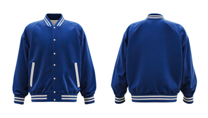 3D rendering of a royal blue baseball jacket, front and back views, showing details like ribbed collar, white stripes, and buttoned closure