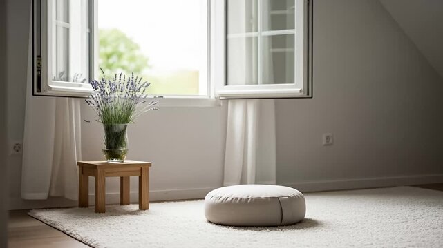 A serene interior scene featuring a round cushion and a vase of lavender on a wooden table by an open window