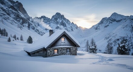 Fototapeta premium Alpine Serenity: Stone Chalet with Smoking Chimney in a Snowy Valley Sunrise