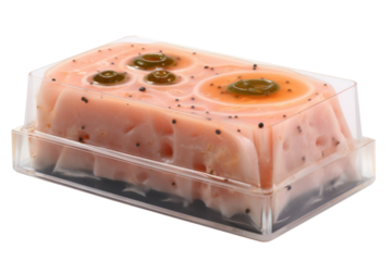 Salmon terrine with aspic and jalapenos in clear container