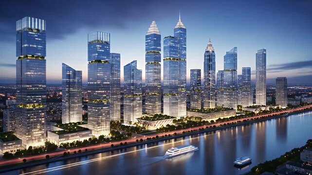A stunning nighttime cityscape showcasing modern skyscrapers along a river with a boat