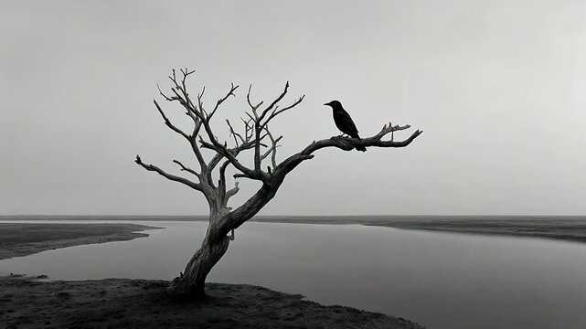 A lone black crow sits perched on a desolate, leafless tree branch, silhouetted against a calm river and a vast, overcast sky in a stark monochrome landscape.