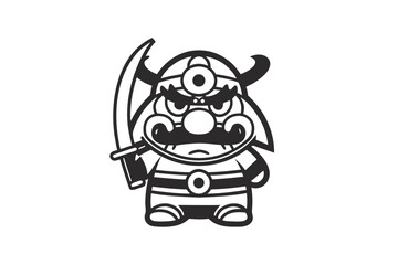 Cartoon Warrior with Horned Helmet, Sword and Mustache, Decorative Black and White