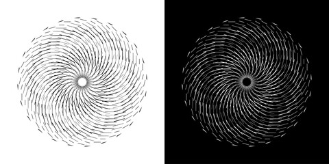 Abstract background with abstract line pattern in circles. Spiral art design as a logo or icon. A black figure on a white background and the same white figure on a black side. Mandala design with line