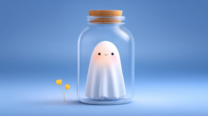 Halloween ghost, Cute ghost in a jar with a cheerful expression and flowers beside it.
