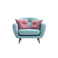 Fototapeta premium Stylish blue armchair with two pink pillows isolated on white background. Perfect modern furniture piece for cozy home decoration and interior design themes. 