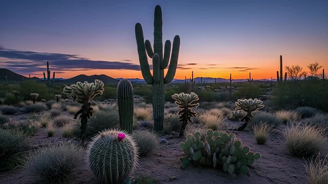 Majestic sunset over a desert landscape with diverse cacti under a colorful sky
