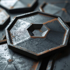 Extreme Close-Up of Dark Hexagonal Metal Plate with Rusty Rough Texture and Symmetrical Geometric Pattern, High Detail Industrial Background