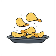Cartoonish Potato Chips Falling onto a Gray Plate Food Illustration.