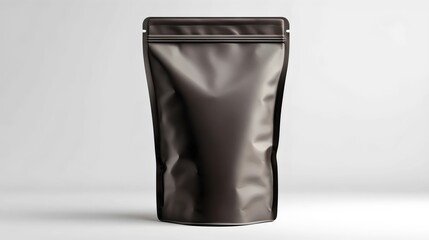 Matte black packaging pouch ideal for snacks or food items, featuring a seamless design and resealable closure.