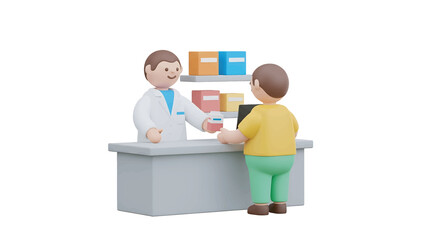 Pharmacist handing medication to customer across counter in pharmacy with shelves of medicine, promoting health and wellbeing.