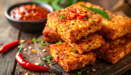 Fototapeta premium Golden fried tempeh, seasoned with aromatic spices and red chilies, stacked on a rustic wooden board, a savory Indonesian vegetarian dish