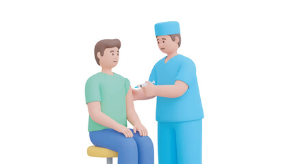 Man receiving vaccine injection from doctor in clinic, protecting against illness and promoting health during pandemic.