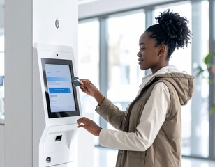 modern self-service kiosk in a municipal office, realistic person using it, documentary style