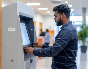 modern self-service kiosk in a municipal office, realistic person using it, documentary style