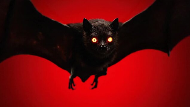 Menacing bat with glowing eyes on red background