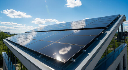 Ultra-realistic photograph of modern solar panels on a rooftop, bright blue sky, sunlight reflections, eco-friendly energy, cinematic 16:9, high resolution