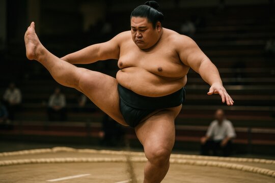 Japanese sumo wrestler performing the traditional shiko ritual inside the dohyo, lifting one leg and stomping powerfully, authentic martial arts and Japanese culture