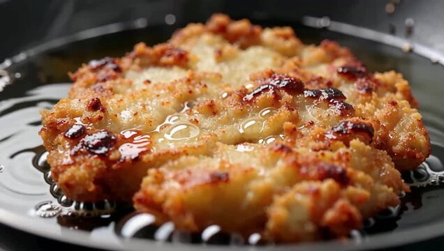Golden brown breaded chicken cutlet sizzling in a pan of hot bubbling oil. Close-up view of a delicious crispy schnitzel being fried to perfection