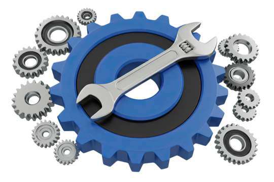 Metal wrench and gears representing mechanical engineering and repair isolated on transparent background