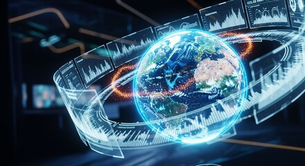 Global Digital Information: A futuristic digital display presents a detailed view of Earth, surrounded by data streams, symbolizing interconnectedness and technological progress in a digital age.