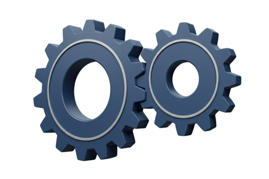 Two interlocking dark blue gears with silver rings isolated on transparent background