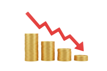 Falling stock market graph with decreasing stacks of gold coins isolated on transparent background