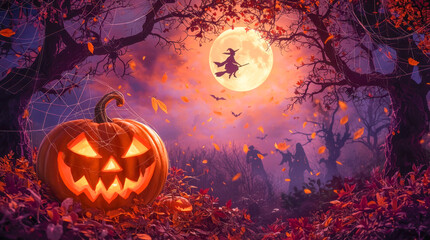 Fototapeta premium Halloween with a dark blue and purple sky, filled with bats flying and a pumpkin. 3D render
