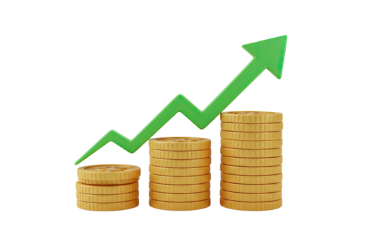 Green upward trending arrow graph over stacks of gold coins isolated on transparent background
