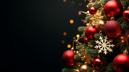 Christmas tree decorated with red and gold ornaments and snowflakes on a dark background with bokeh decoration