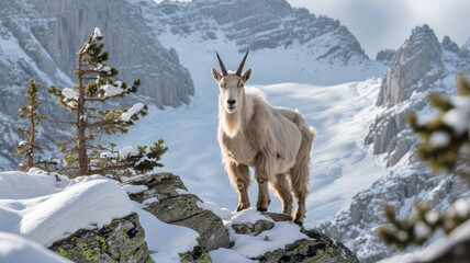 A majestic mountain goat standing proudly on a rocky outcrop amidst a snowy alpine landscape scene view