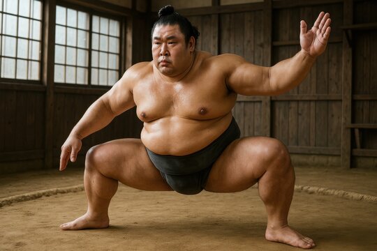 Sumo wrestler practicing the traditional shiko leg stomping ritual inside a wooden training stable, authentic Japanese martial arts discipline, cultural heritage and atmosphere