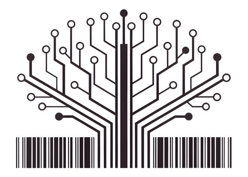 Abstract digital tree with barcode representing technology and growth concept art