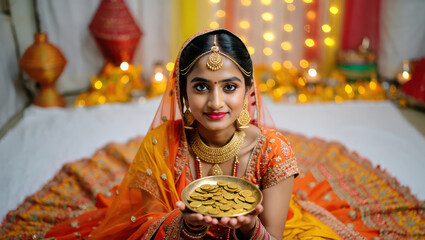 Young indian woman in traditional attire holds a bowl of gold coins