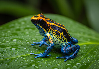 Obraz premium Vibrant Poison Dart Frog Perched on a Dewy Green Leaf in a Tropical Environment