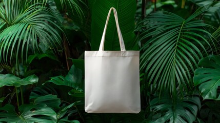 Blank canvas tote bag suspended amidst lush green foliage, perfect for eco-friendly branding.