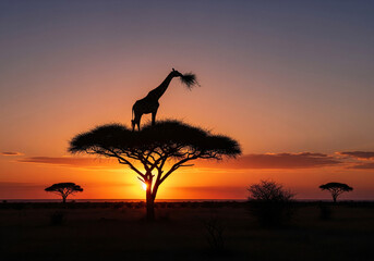 Striking Silhouette of a Giraffe Feeding on an Acacia Tree at Sunset in the African Serengeti