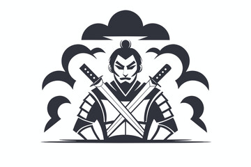 Cute Samurai Warrior with Katana Swords in Black and White on White Background