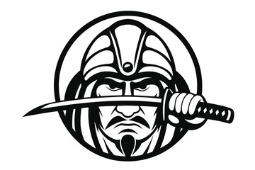 Cute Samurai Mascot Character with Helmet and Sword on White Background