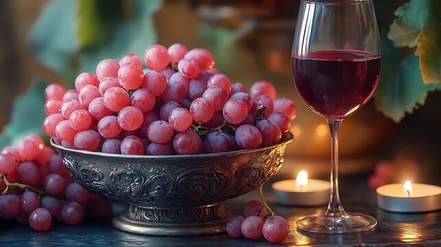 Beautifully lit scene of grapes arranged in a silver bowl next to a glass of red wine with candlelight softly reflecting off the grapes creating a sense of warmth and luxury