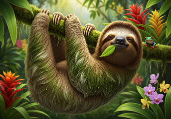 Obraz premium Cute Three-Toed Sloth Hanging on a Vine in a Lush Tropical Rainforest with Vibrant Flowers and a Small Frog
