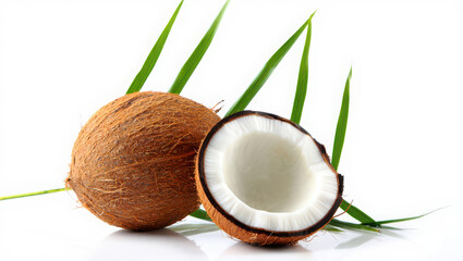 Whole and halved coconut with green leaves on white background