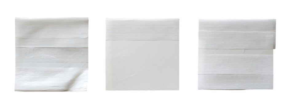 Three square, off-white fabric or paper samples, exhibiting creases and folds