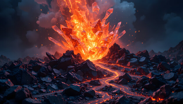 Dramatic volcanic eruption unleashes fiery crystals and glowing lava rivers across a dark, rugged landscape.