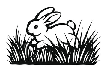 Decorative Rabbit on Grass Silhouette On White Background
