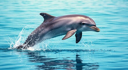 A playful dolphin gracefully breaches the surface of the clear blue ocean, creating a vibrant splash, showcasing its agility and the beauty of marine life.